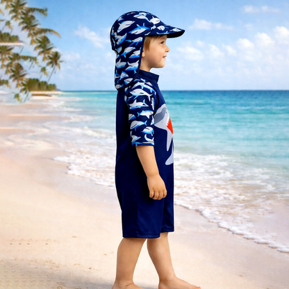 Navy Shark, Toddlers & Kids Swimwear with long Cap Free Wash Bag & Free Swim Detergent