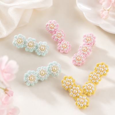 Choko Set of 6 - Flowery Cotton and Pearl Hairclip Set - 3 Pairs (Baby Pink, Soft Blue, Yellow)