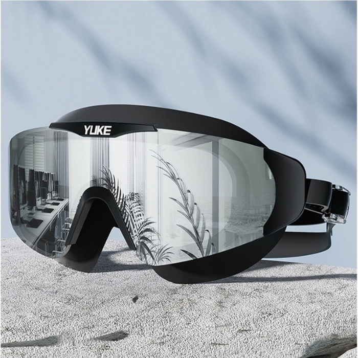 Black with Silver Full Glass panel styled Anti-Fog UV Protection Leakproof design Swim Goggles for Adults