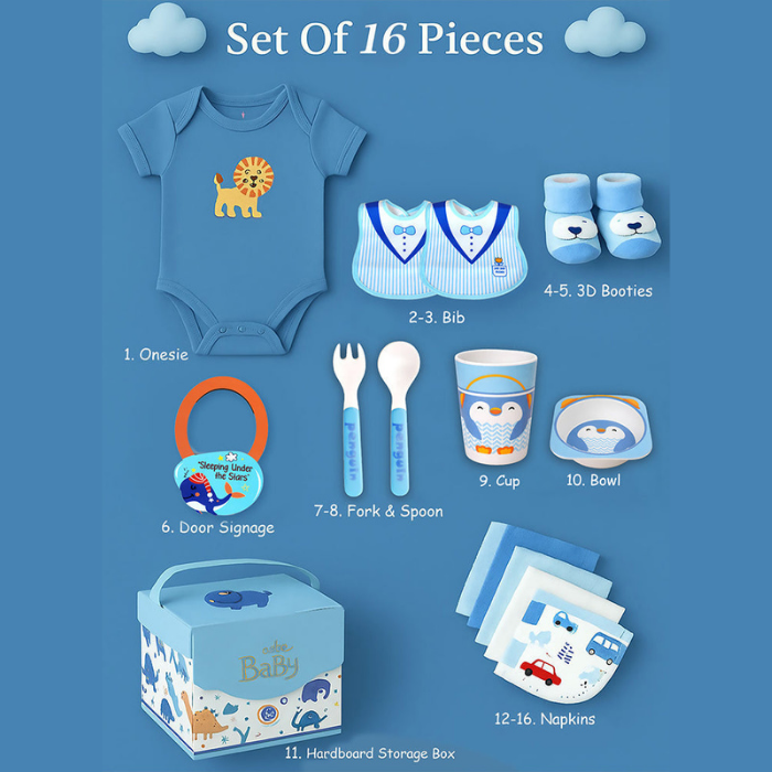 16 pcs Blue Whale Newborn Hamper/Gift Box for Baby, 0-6 months