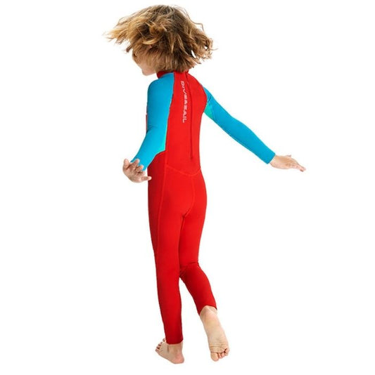 Full Length Dive Red & Teal Green Printed Kids Swimwear In Upf 50+ Fabric with Free Washbag