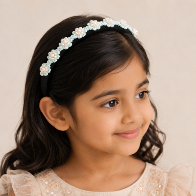 Choko Soft Blue Floral Beaded Hair Band - Graceful Blooms - Blue with Cream and White Pearls