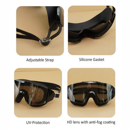 Black with Silver Full Glass panel styled Anti-Fog UV Protection Leakproof design Swim Goggles for Adults