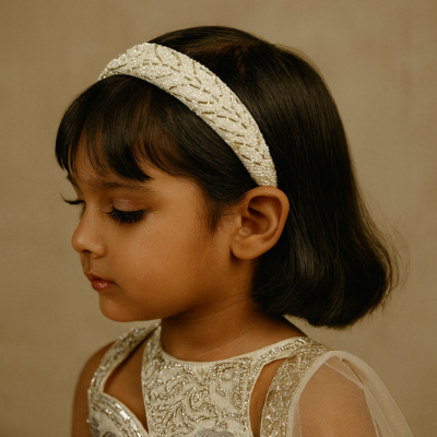 Choko White Beaded Embellished Hair Band for Girls with Soft Padded Base for Party Wear