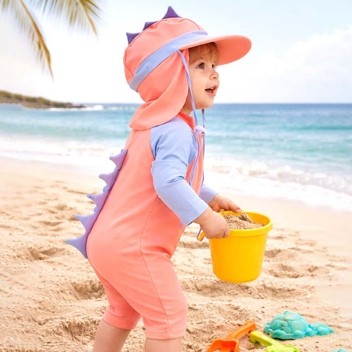 Peach & Blue spiked Dino, Toddlers & Kids Swimwear with long Cap Free Wash Bag & Free Swim Detergent