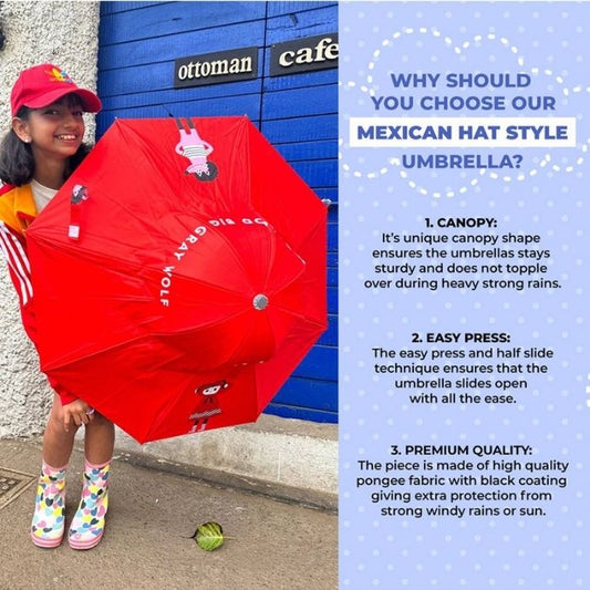 Red Riding Hood theme, Unique Mexican Hat Style Kids Umbrella, 5-12 years, Red