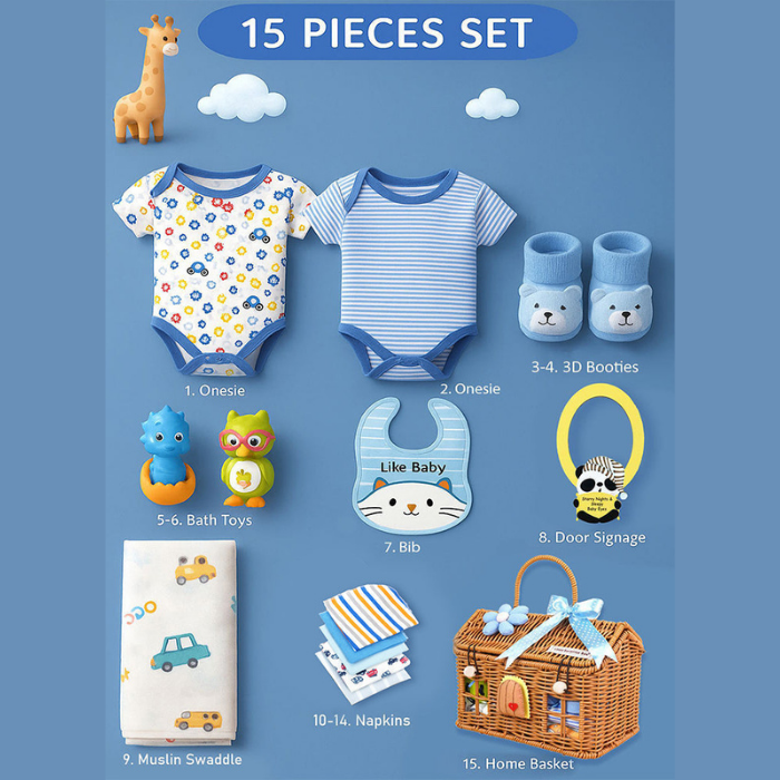 15 pcs Blue Blessed Home cane basket Newborn Hamper/Gift Box for Baby Boy, 0-6 months