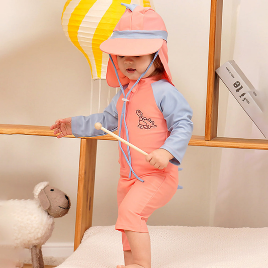 Peach & Blue spiked Dino, Toddlers & Kids Swimwear with long Cap Free Wash Bag & Free Swim Detergent