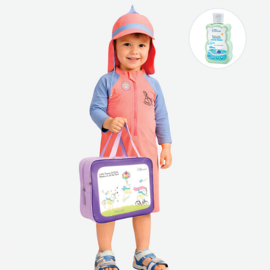 Peach & Blue spiked Dino, Toddlers & Kids Swimwear with long Cap Free Wash Bag & Free Swim Detergent
