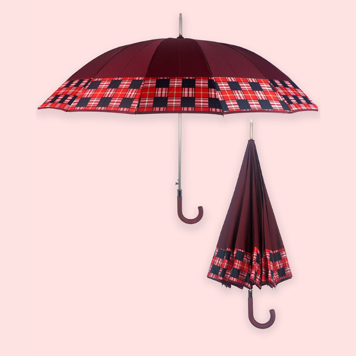 Maroon Checks Large Canopy Size Umbrella for Adults