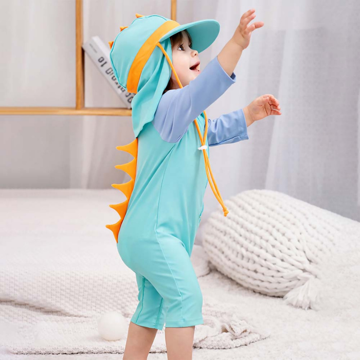 Teal & Orange Spikes, Toddlers & Kids Swimwear with Long Cap, Free Wash Bag & Free Swim Detergent