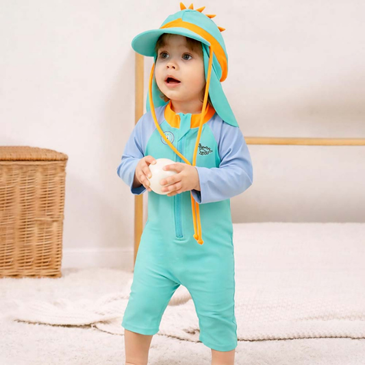 Teal & Orange Spikes, Toddlers & Kids Swimwear with Long Cap, Free Wash Bag & Free Swim Detergent
