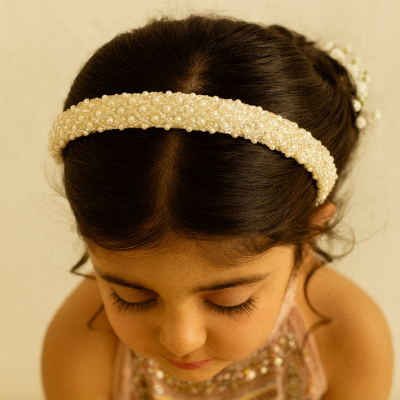 Choko White Pearl Embellished Hair Band for Girls with Soft Base for Party & Festive Wear