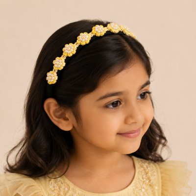 Choko Yellow Floral Beaded Hair Band - Sunshine Blooms - Yellow with Cream and White Pearls