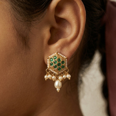 Choko Girls White Geometric Hexagon Pearl Drop Stud Earrings