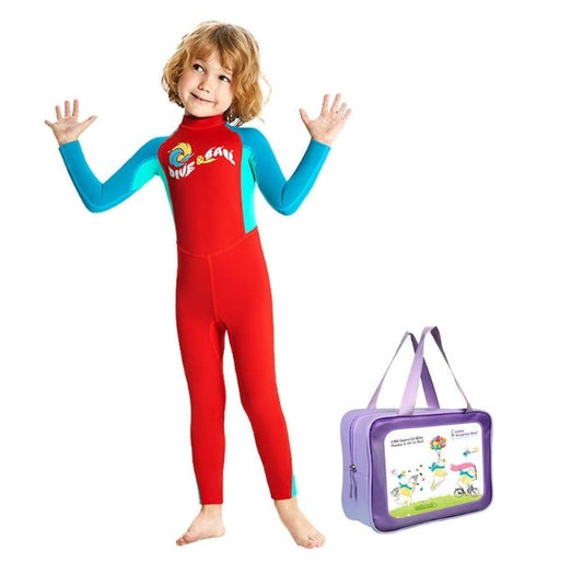 Full Length Dive Red & Teal Green Printed Kids Swimwear In Upf 50+ Fabric with Free Washbag