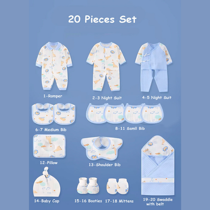 20 pcs Blue Animal Kingdom Newborn Baby Girl/ Boy Gift Box, all season wear Hamper, (0 - 12 months)