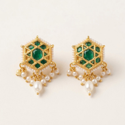 Choko Girls White Geometric Hexagon Pearl Drop Stud Earrings