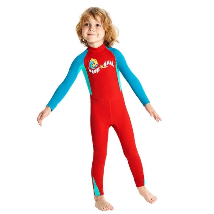 Full Length Dive Red & Teal Green Printed Kids Swimwear In Upf 50+ Fabric with Free Washbag