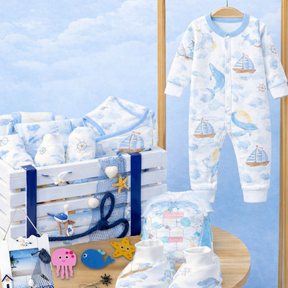 21 pcs Nautical Wooden Treasure Chest Gift hamper for a newborn baby, Giftset for a baby, 0-12 months