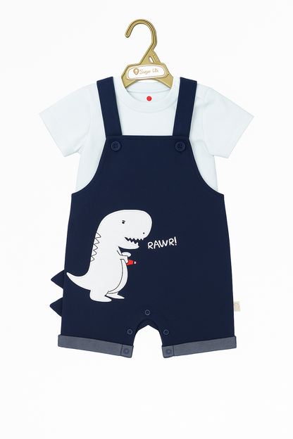 Roar Dino Organic Dungaree & Short Sleeve T-Shirt Set - Blue
