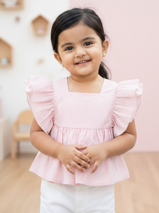 Striped Flounce Sleeve Top for Girls in Pink