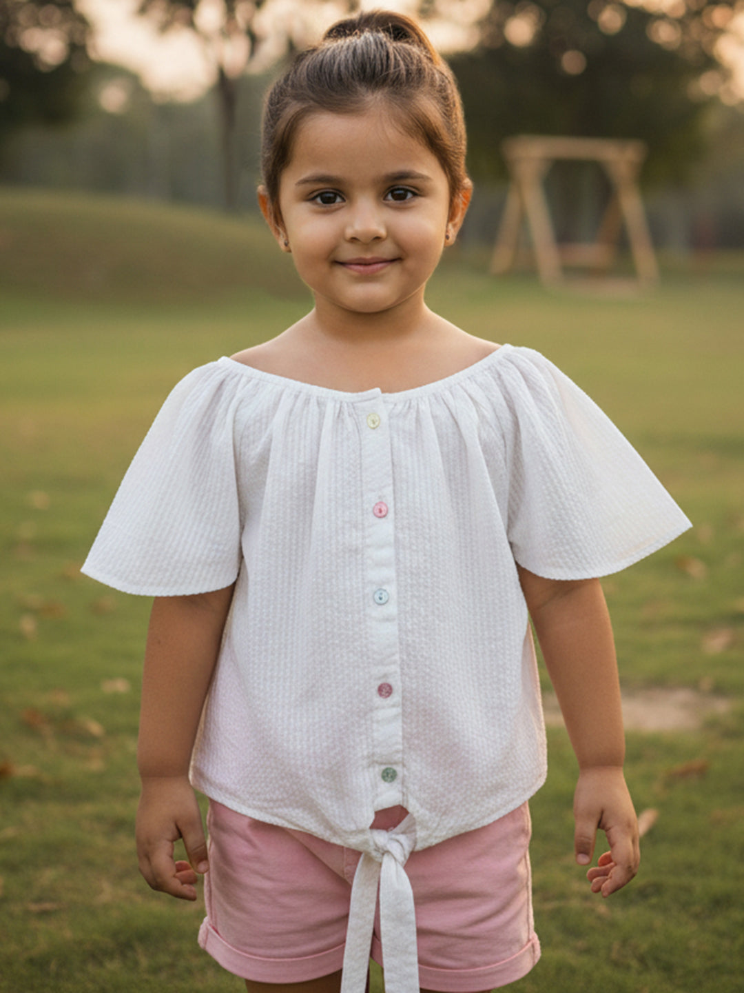 Seersucker Knot & Pop Tie-Up Top for Girls (White)