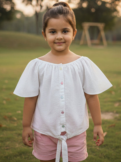 Seersucker Knot & Pop Tie-Up Top for Girls (White)