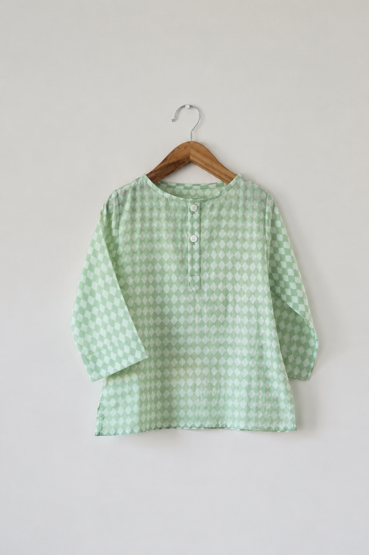 Sleepover party kids unisex kurta in sage green rhombus