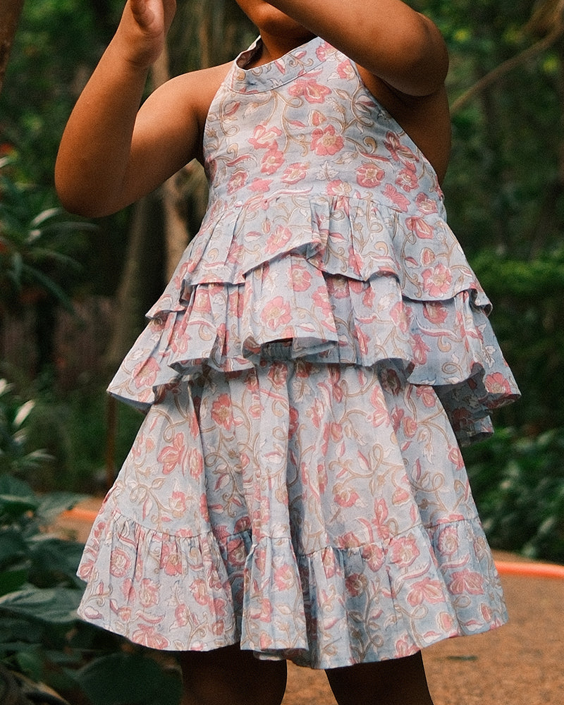 Flutter sky blue butterfly halter top skirt co-ord