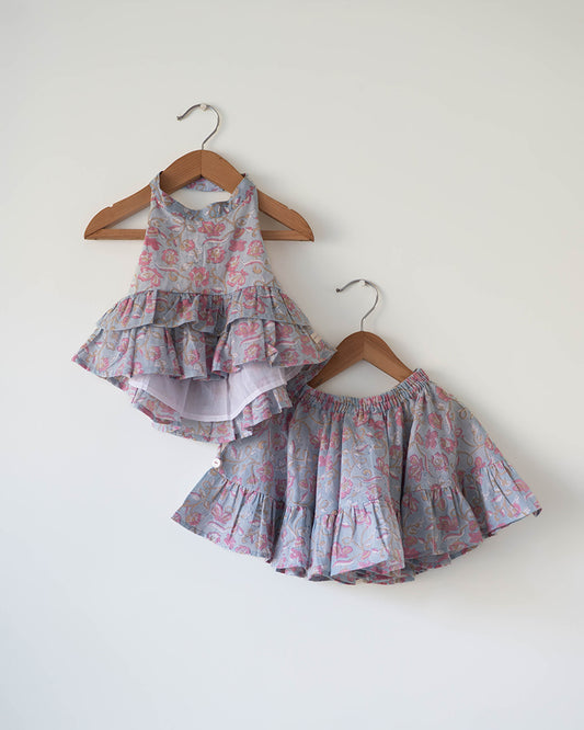 Flutter sky blue butterfly halter top skirt co-ord
