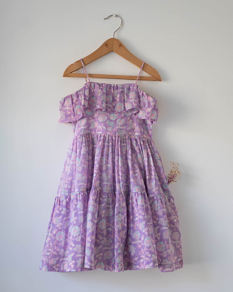 Fool's paradise dress in purple butterfly blockprint