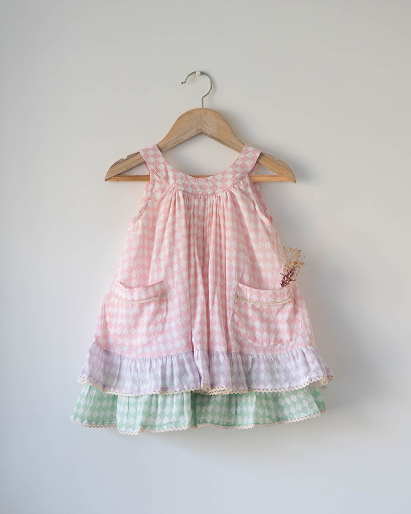 Pocketful of Sunsets dress in rhombus block print