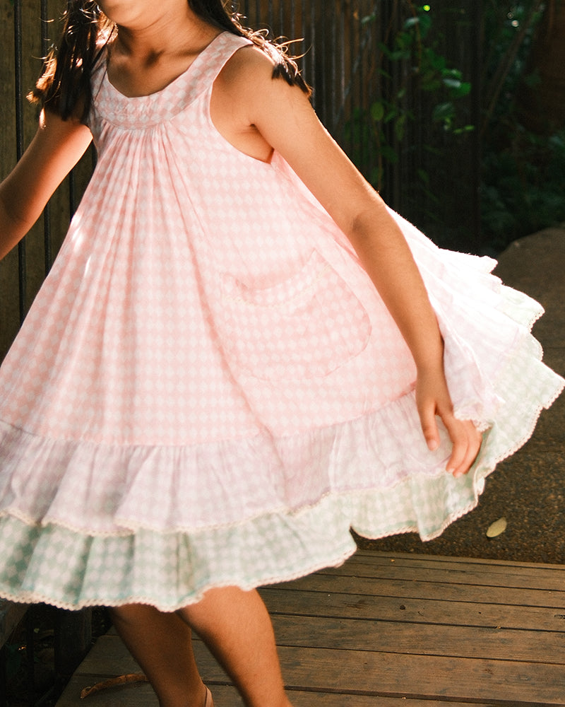Pocketful of Sunsets dress in rhombus block print