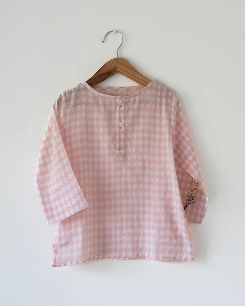 Sleepover party kids unisex kurta in blush pink rhombus