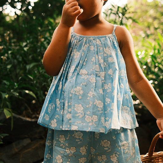 Blossom powder blue spaghetti top shorts set