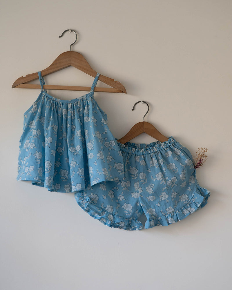 Blossom powder blue spaghetti top shorts set