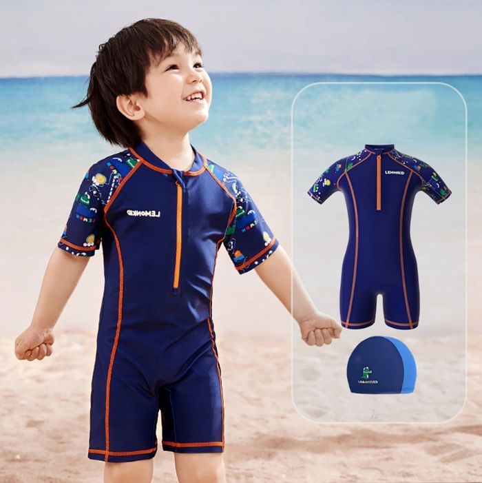 Dark Blue Geometric Alligator Kids Swimwear UPF 50+ with matching Swim Cap & Free Washbag