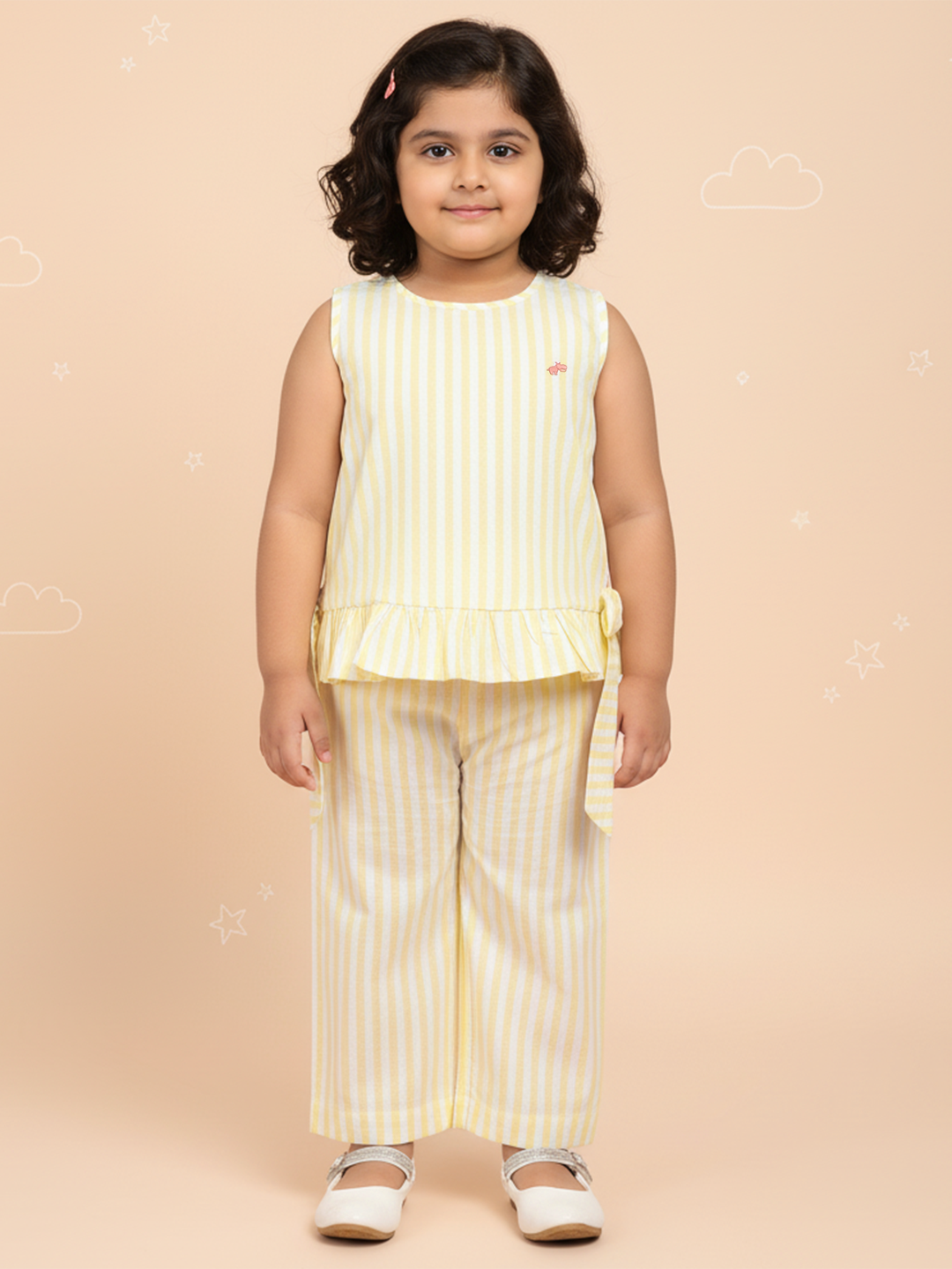 Yellow Pop and Bow Striped Coord Set for Girls