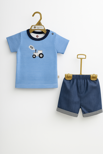 Yo! Tractor Organic Stripe Tee & Denim Short Set