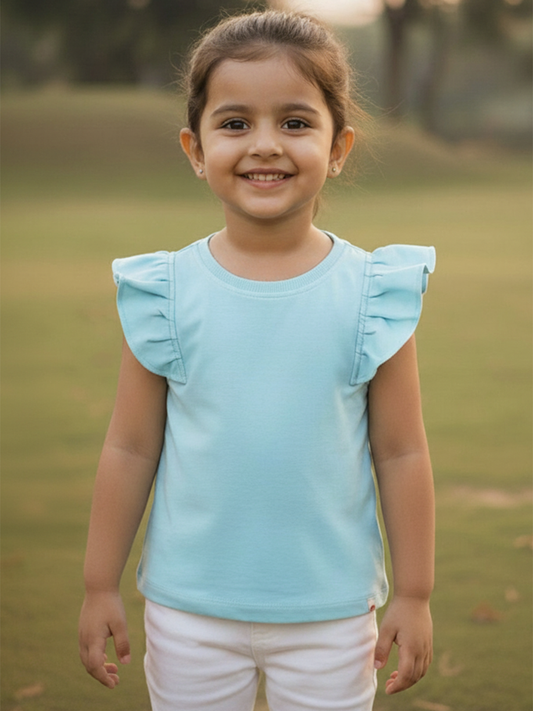 Bloom Frill Sleeve Stretch Top for Girls (Sky Blue)
