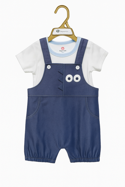 Peek‑A‑Boo Dino Organic Denim Shortall & Tee Dungaree Set
