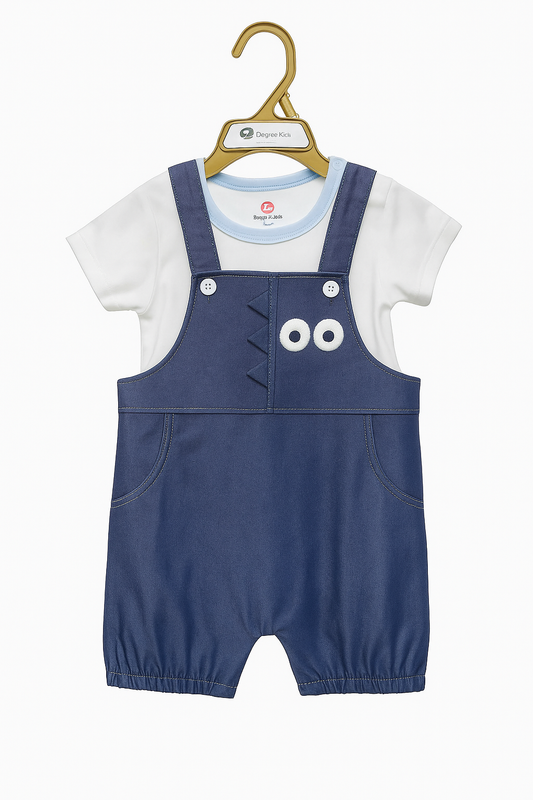 Peek‑A‑Boo Dino Organic Denim Shortall & Tee Dungaree Set