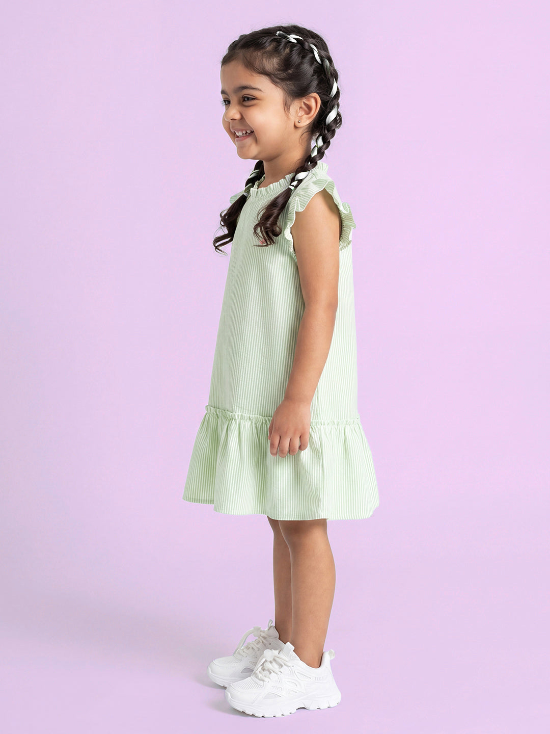 Soothing Stripes Frill Sleeves Dress for Girls (Green)