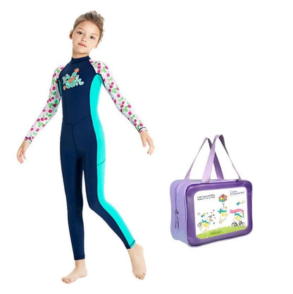 Full Length Dive Navy Strawberry Printed Kids Swimwear In Upf 50+ Fabric with matching Swim Cap & Free Washbag