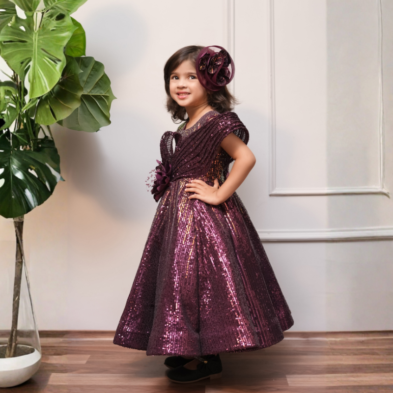 Sequin Flared Gown With Handmade Flower For Enhanced Look