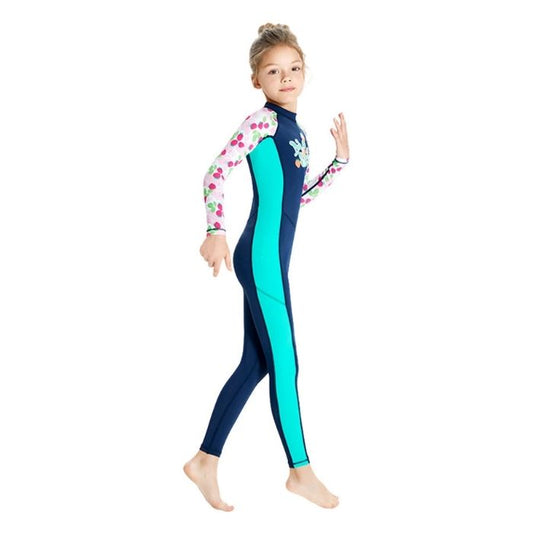 Full Length Dive Navy Strawberry Printed Kids Swimwear In Upf 50+ Fabric with matching Swim Cap & Free Washbag