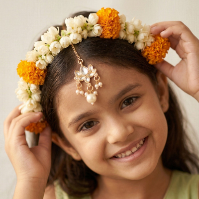 Choko Girls White Kundan Studded Pearl Drop Maang Tikka