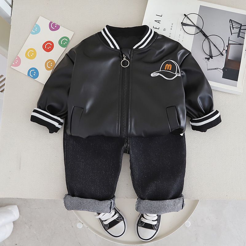 Black Leather Jacket with Blue Denims