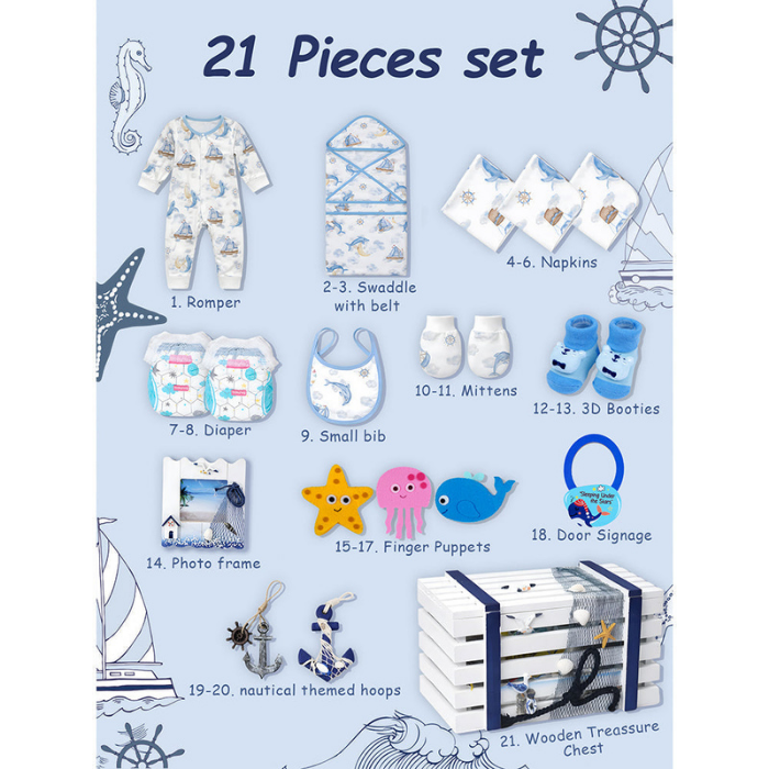 21 pcs Nautical Wooden Treasure Chest Gift hamper for a newborn baby, Giftset for a baby, 0-12 months